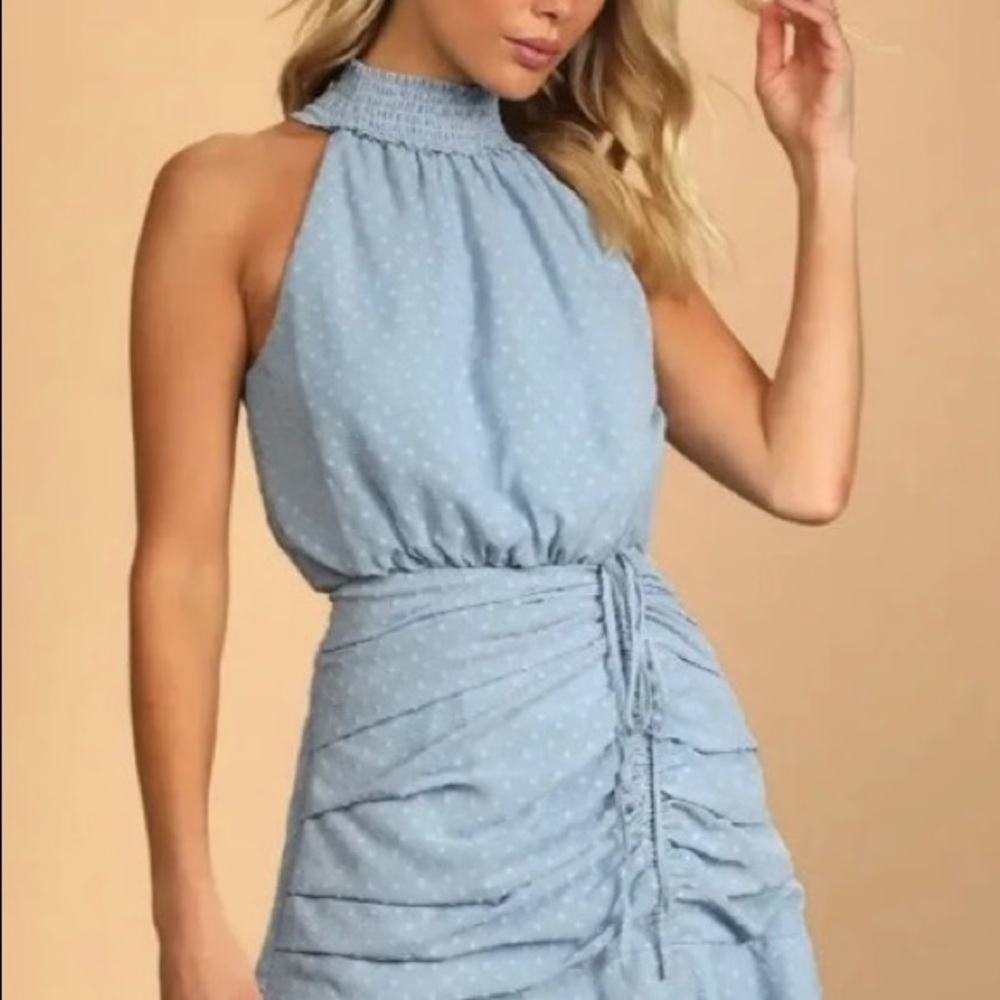 Lulu’s Blue Ruched Swiss Dot Mini Dress - NWT!